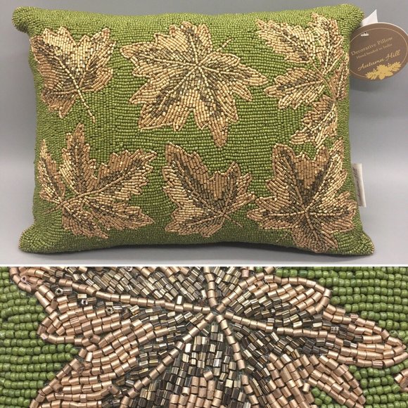 Autumn Hill Beaded Green Gold Fall Maple Leaf Lumbar Pillow Fall Decor 12x16 - Picture 1 of 8